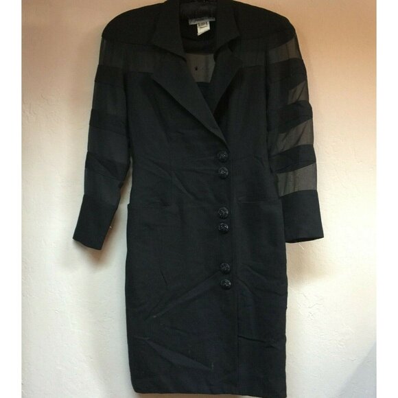 Jackie K Womens Sheath Dress Sheer Striped Sleeves Button Front Pure Wool Black - Picture 1 of 11